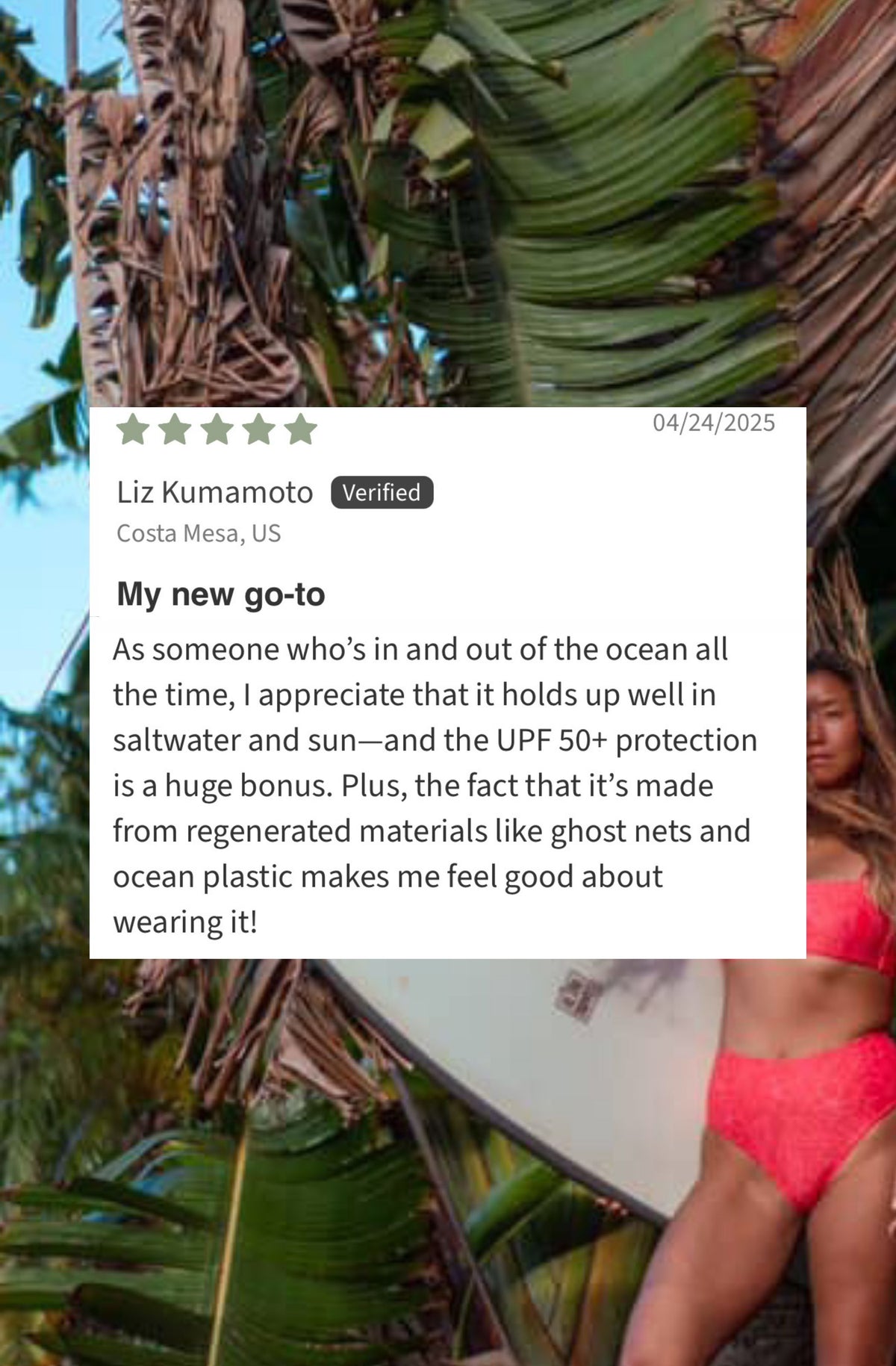 Person wearing a red swimsuit with a palm tree background and a product review overlay.