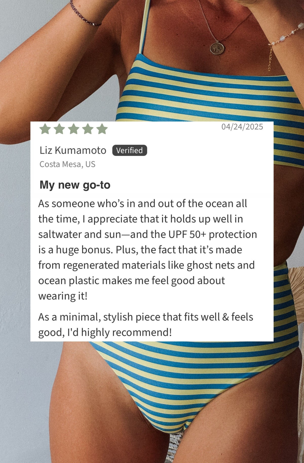 Person wearing a striped swimsuit with a product review overlay.