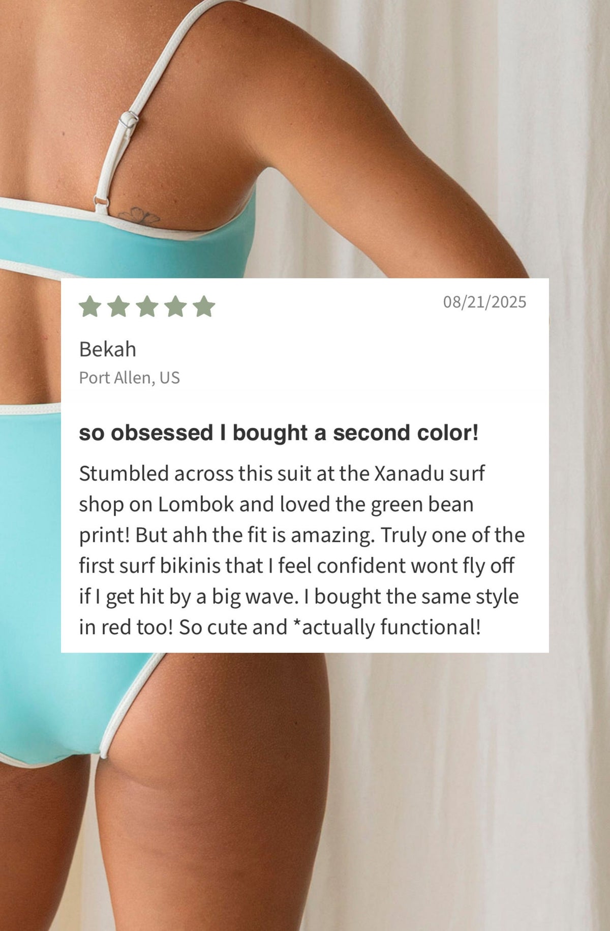 Person wearing a blue bikini with a review overlay on a white background