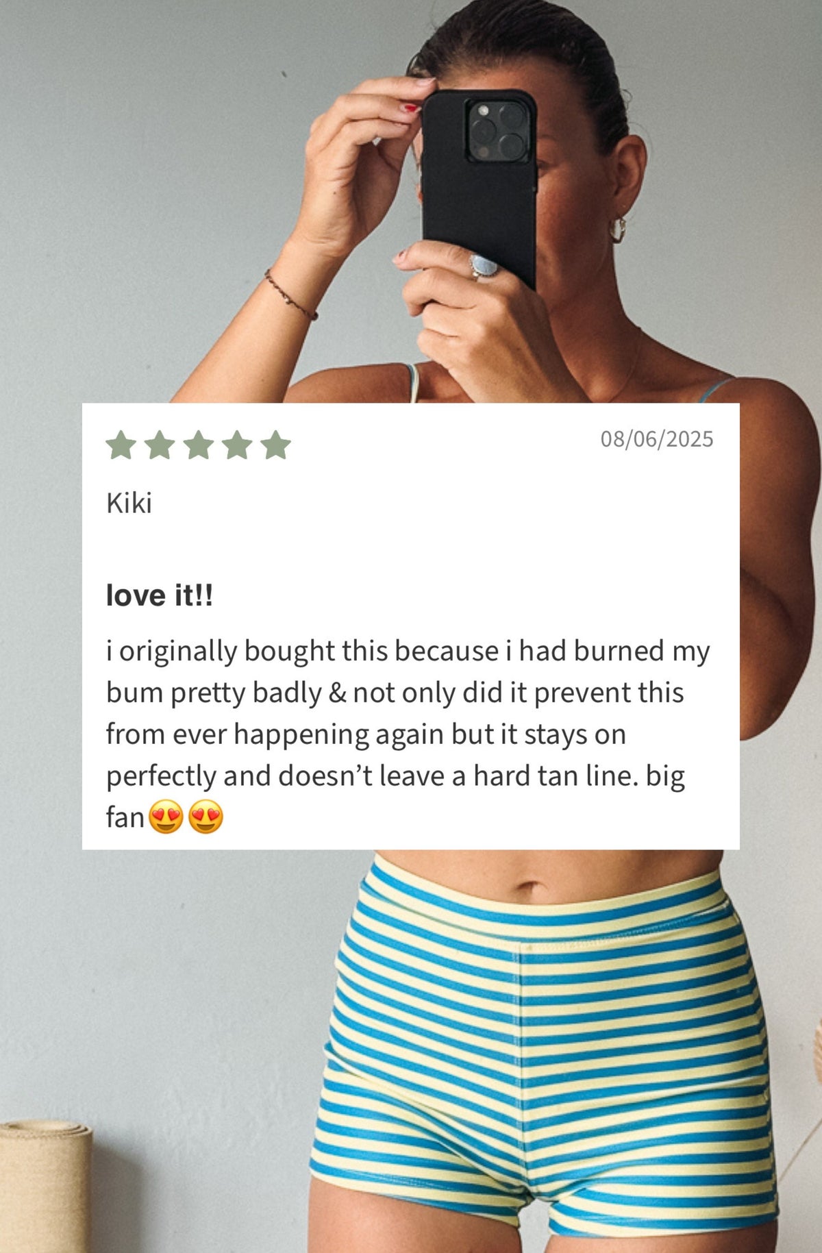Person wearing striped underwear with a text overlay of a product review.