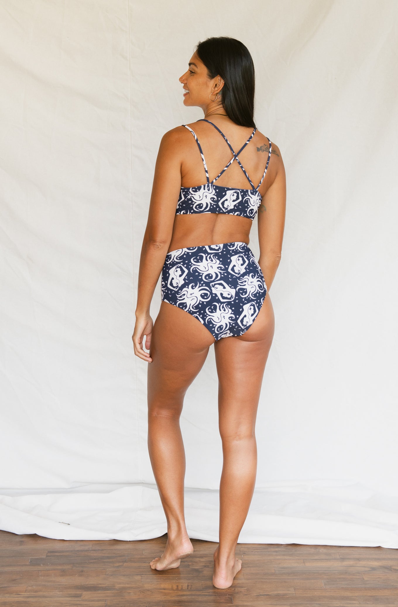 Woman wearing printed blue bikini 