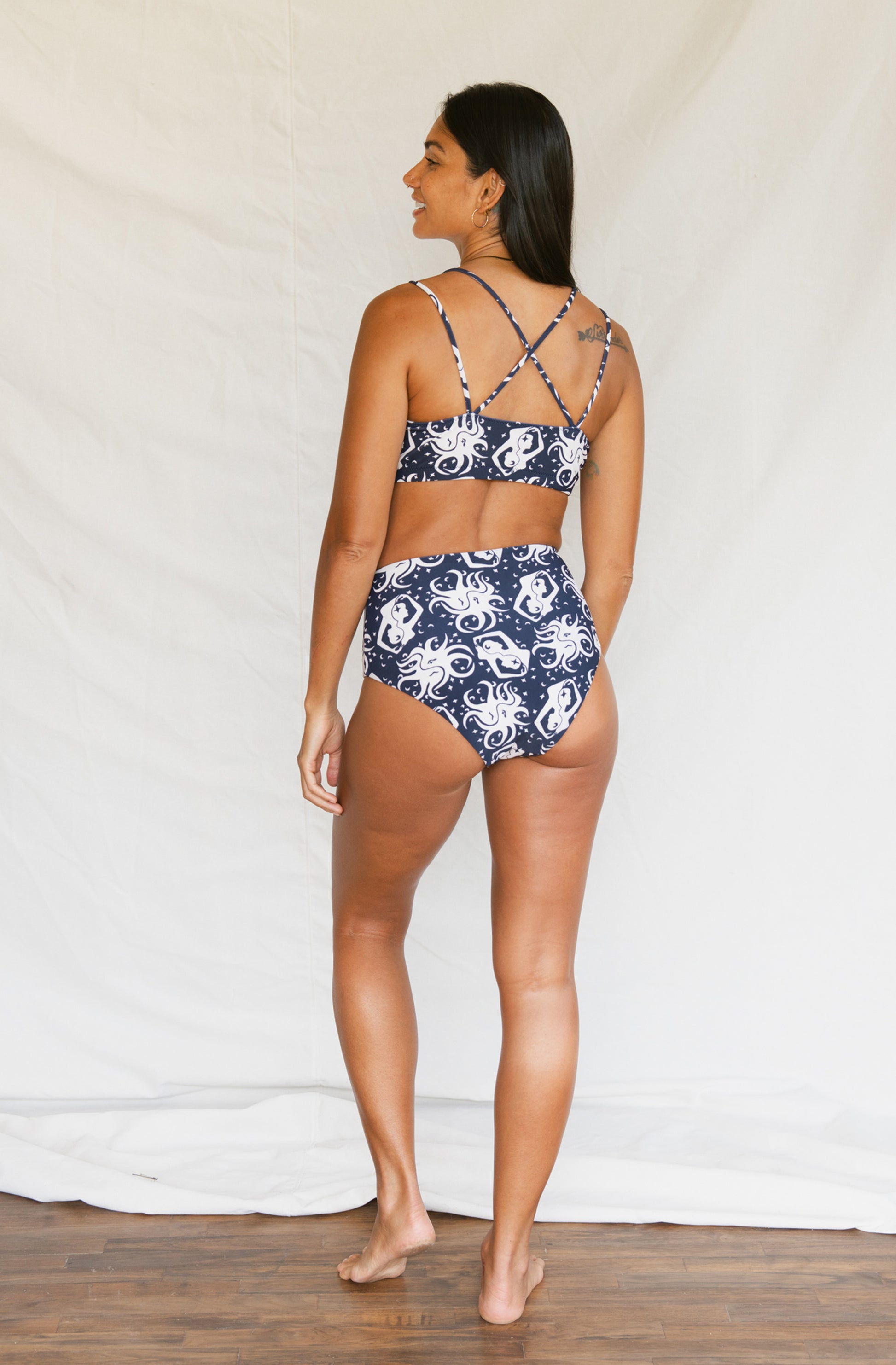 Woman wearing printed blue bikini 