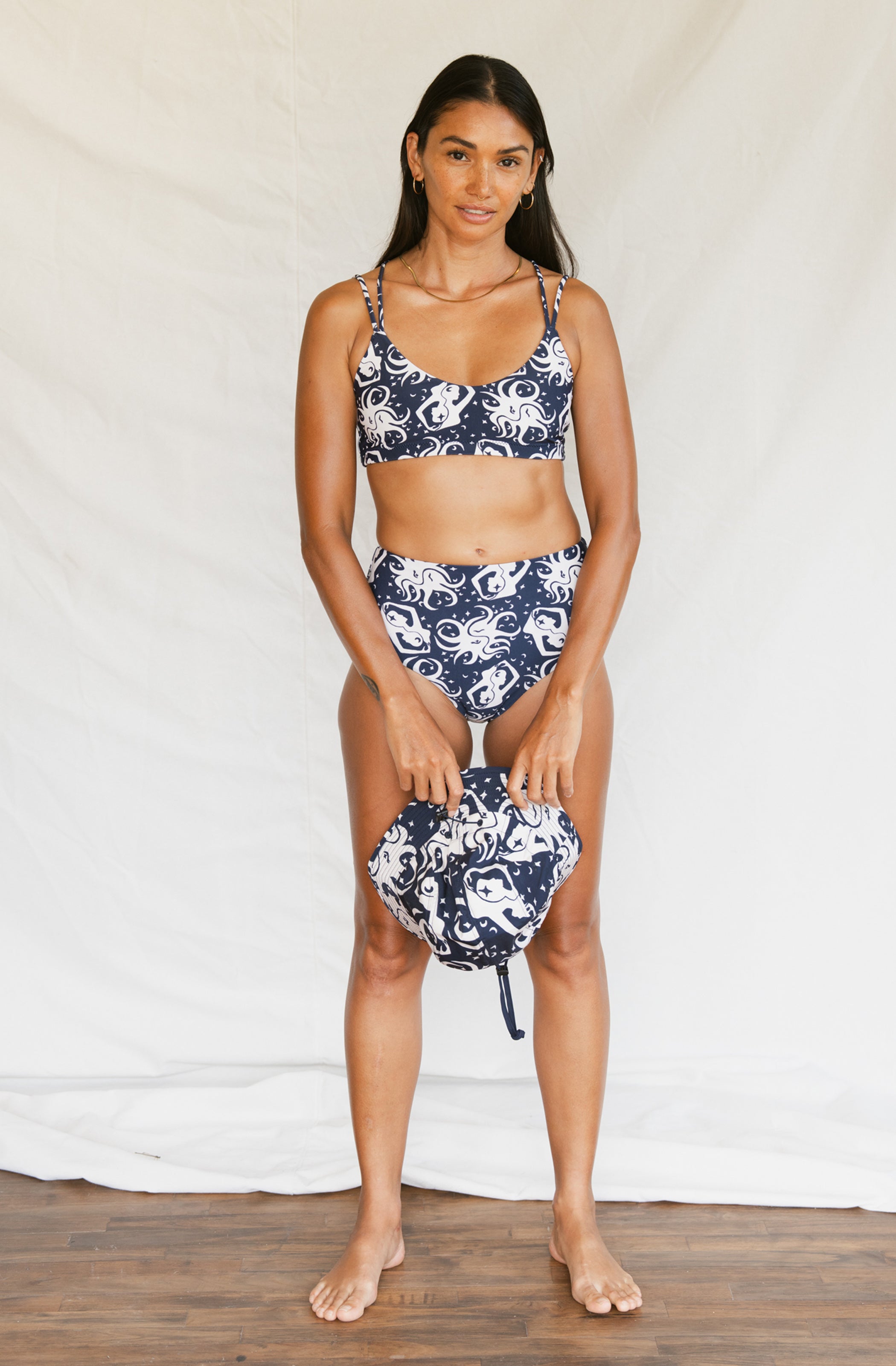 Woman wearing printed blue bikini 