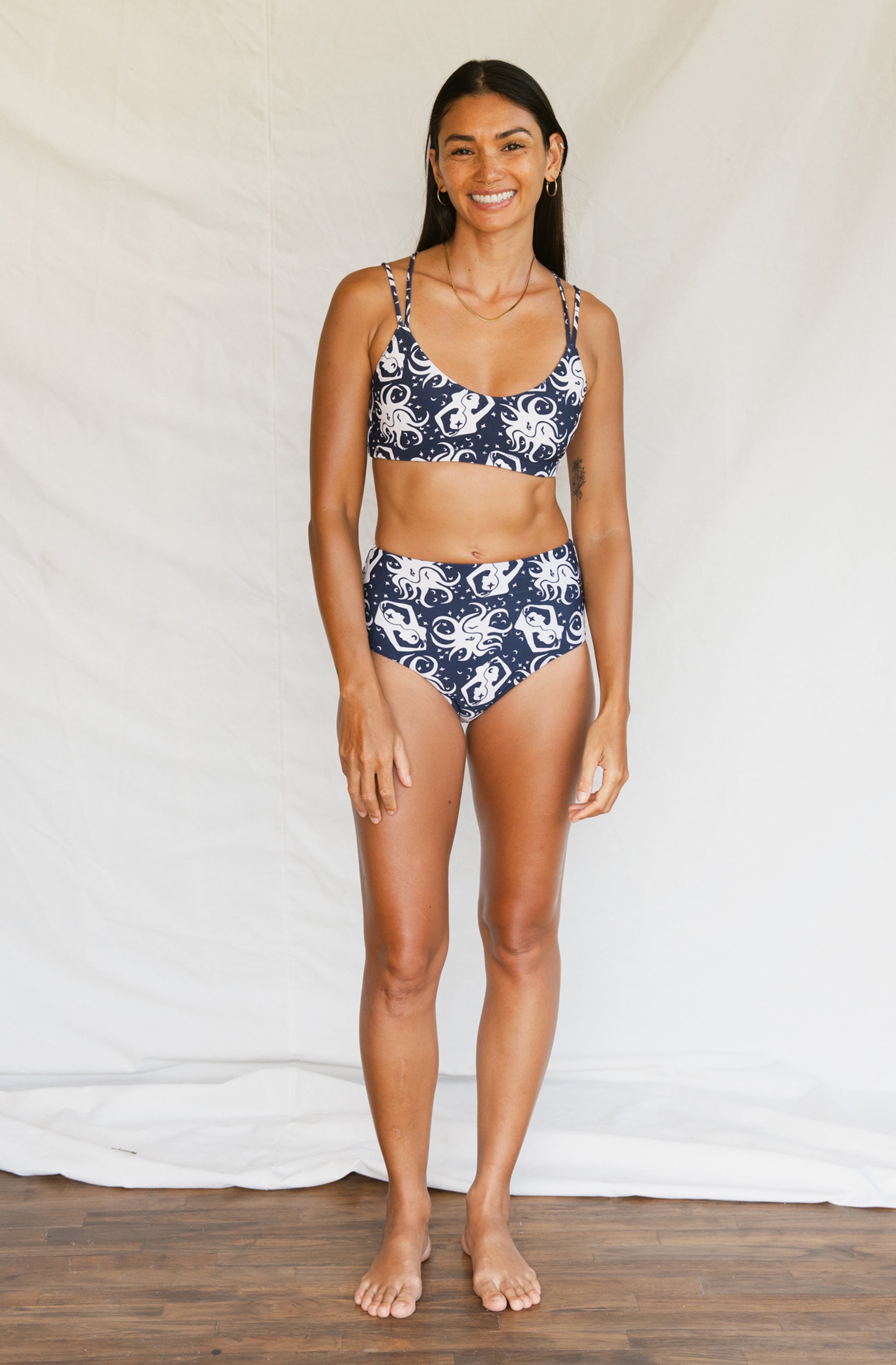 Woman wearing printed blue bikini 