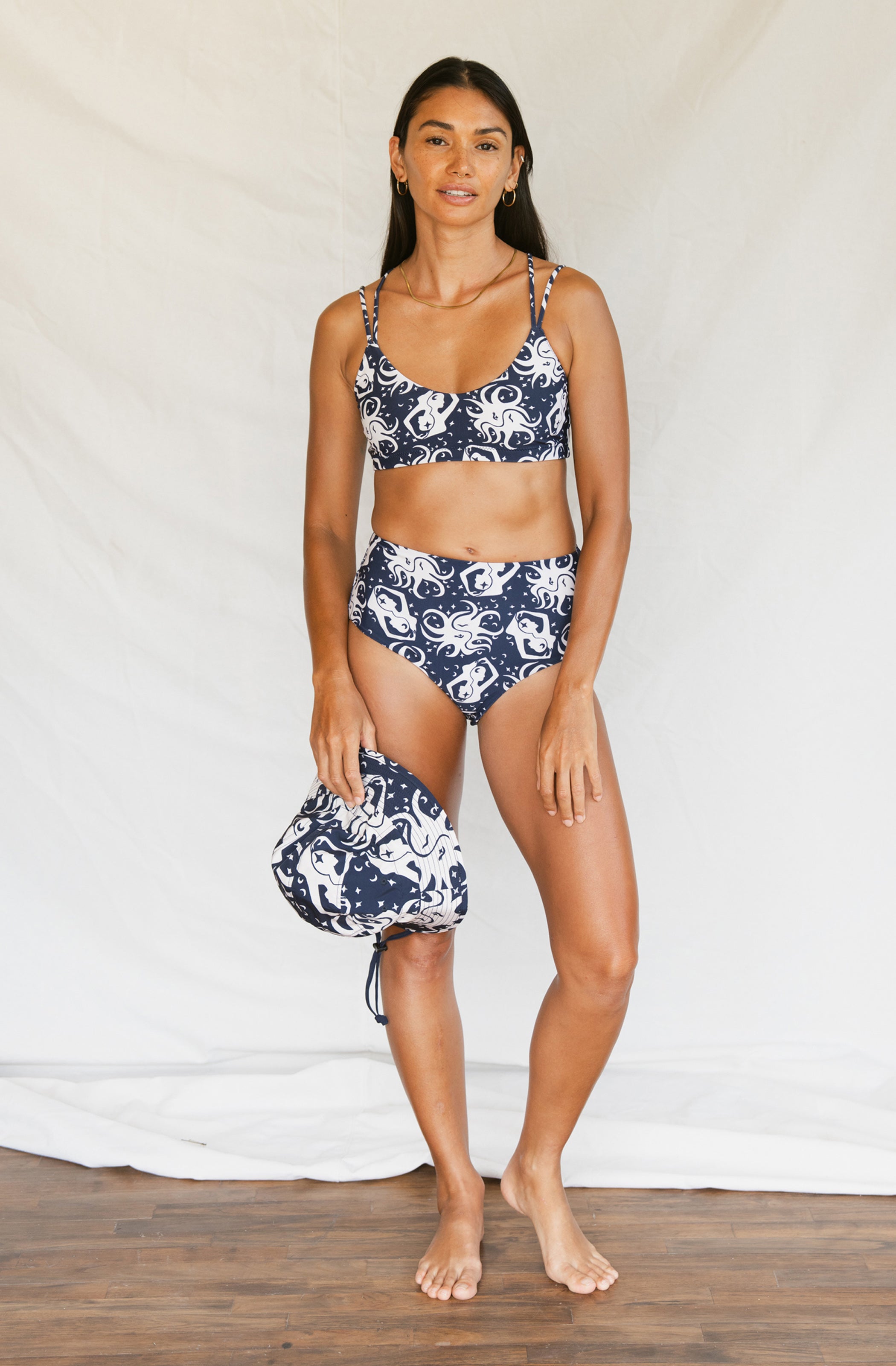 Woman wearing printed blue bikini 
