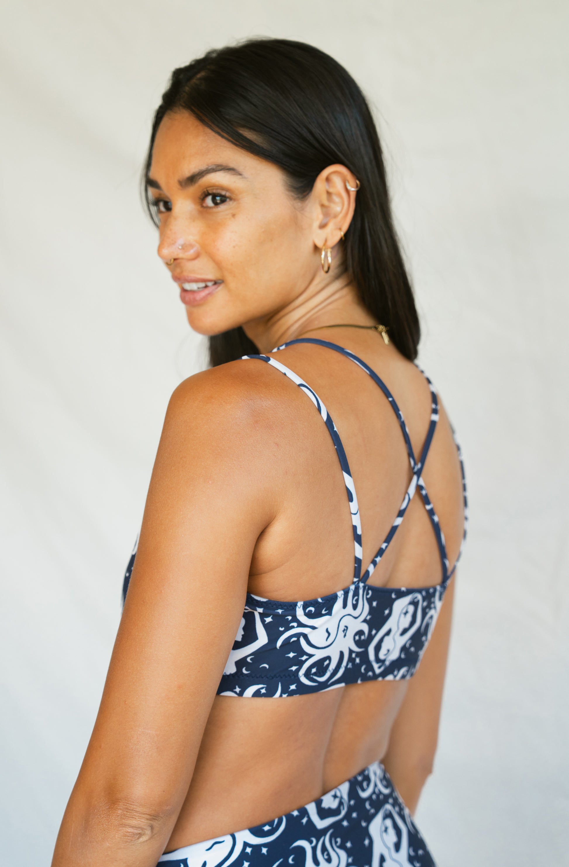 Woman wearing printed blue bikini 