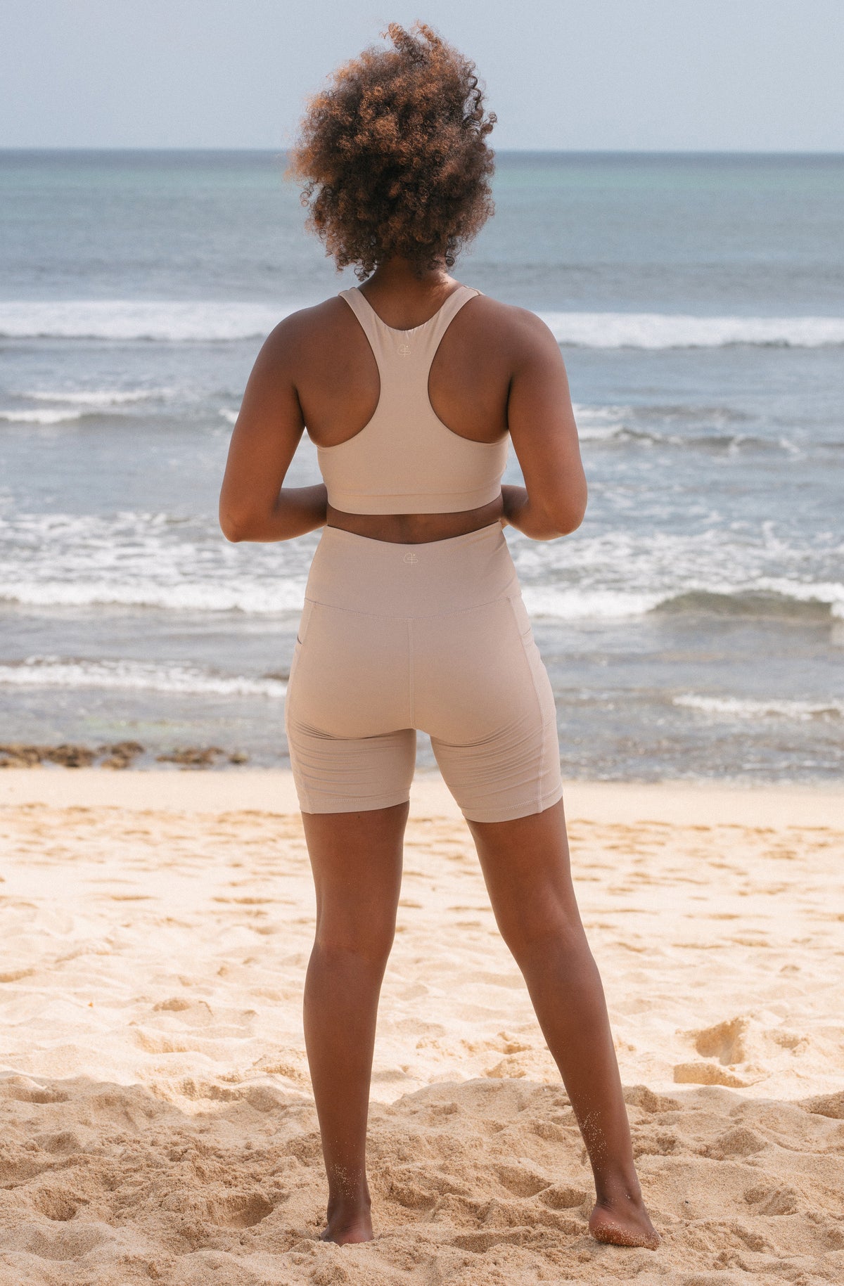 Back view Training sports bra Upstate bike shorts stone